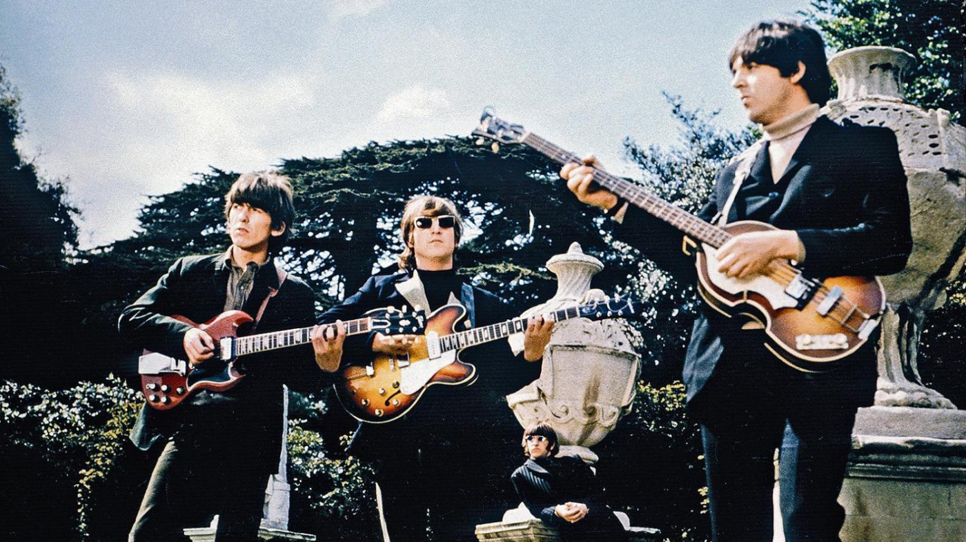 The Beatles while shooting promotional films for their single Paperback Writer at Chiswick House in London in May 1966.