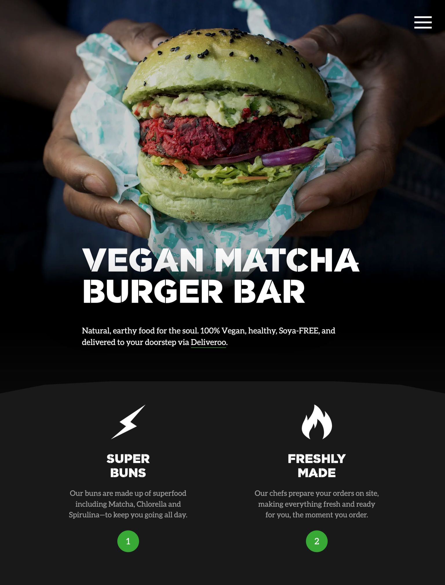 Vegan Matcha Burger website homepage on tablet. A mobile menu is shown in the top right with a large hero image of a green matcha burger with large stencilled text, along with some bullet points.